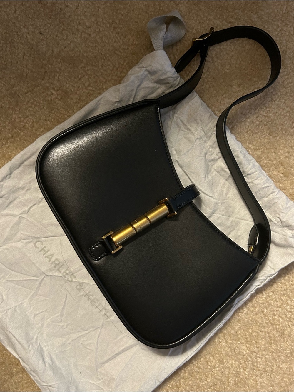 Charles & Keith Black Shoulder Bag with Gold Accent